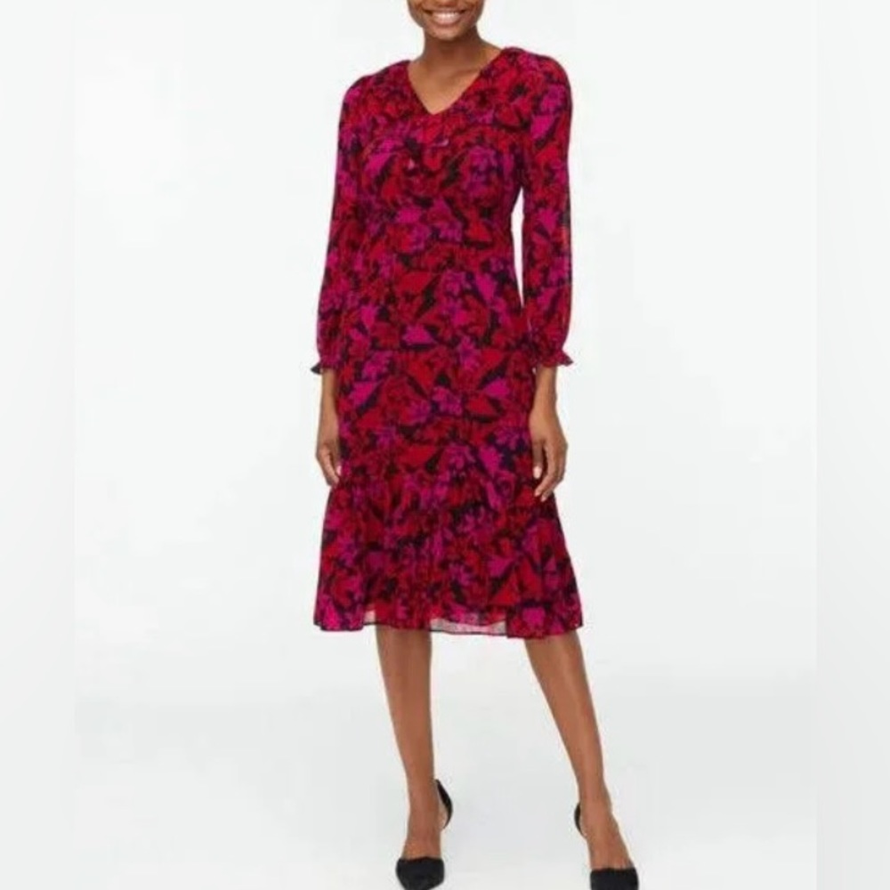 EUC J. Crew Floral Ruffle Neck Midi Dress - Picture 2 of 3